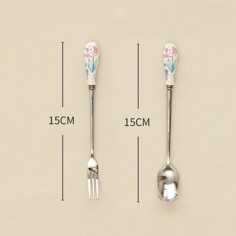 Cuillère et fourchette à dessert à manche en céramique florale Lighteme