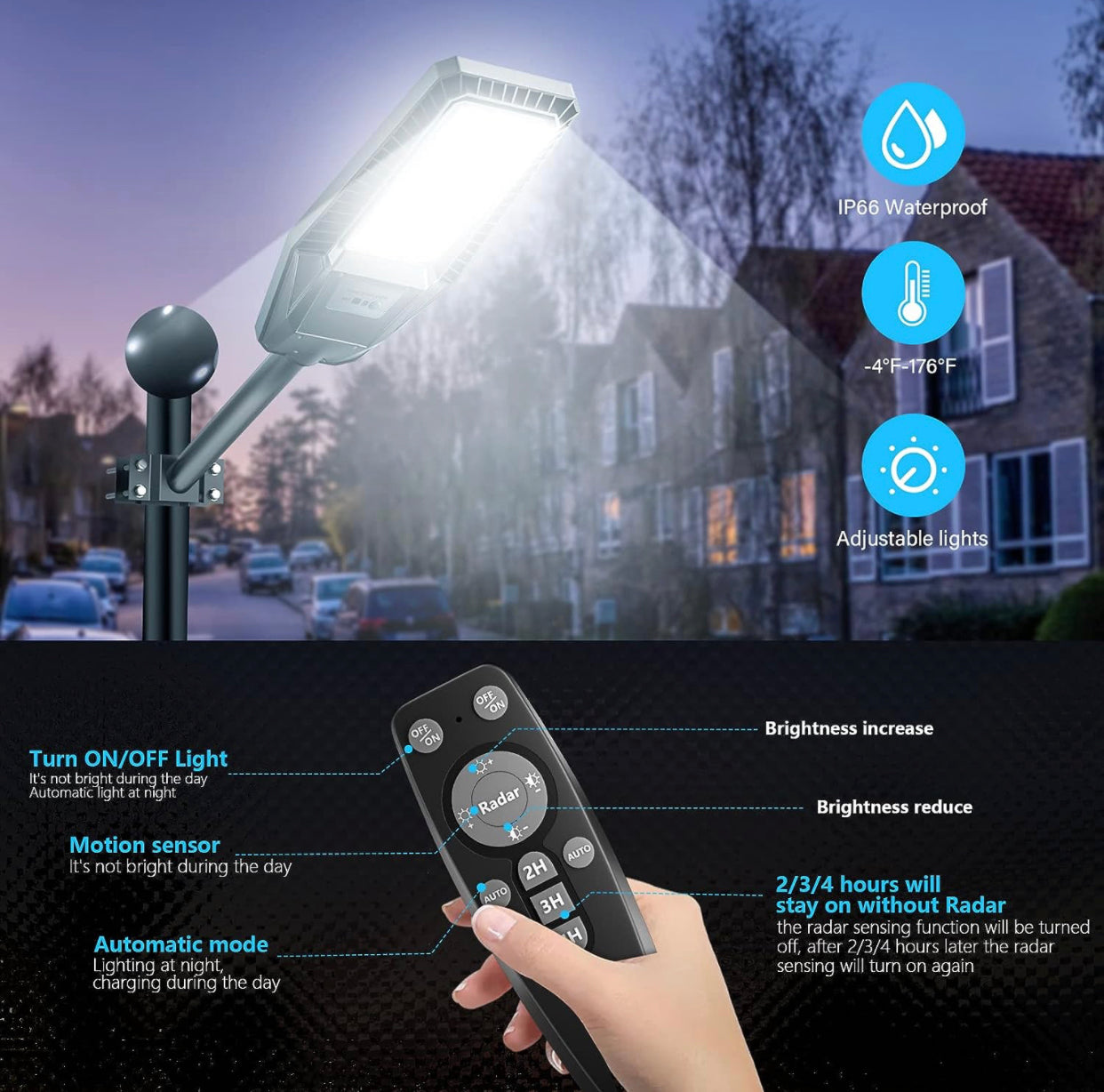 Lighteme 300 W Solar-Straßenleuchte, 30000 lm, LED, für den Außenbereich, wasserdicht, von der Dämmerung bis zum Morgengrauen, für Hofbeleuchtung, IP66, 6000 K, mit Halterung und Fernbedienung