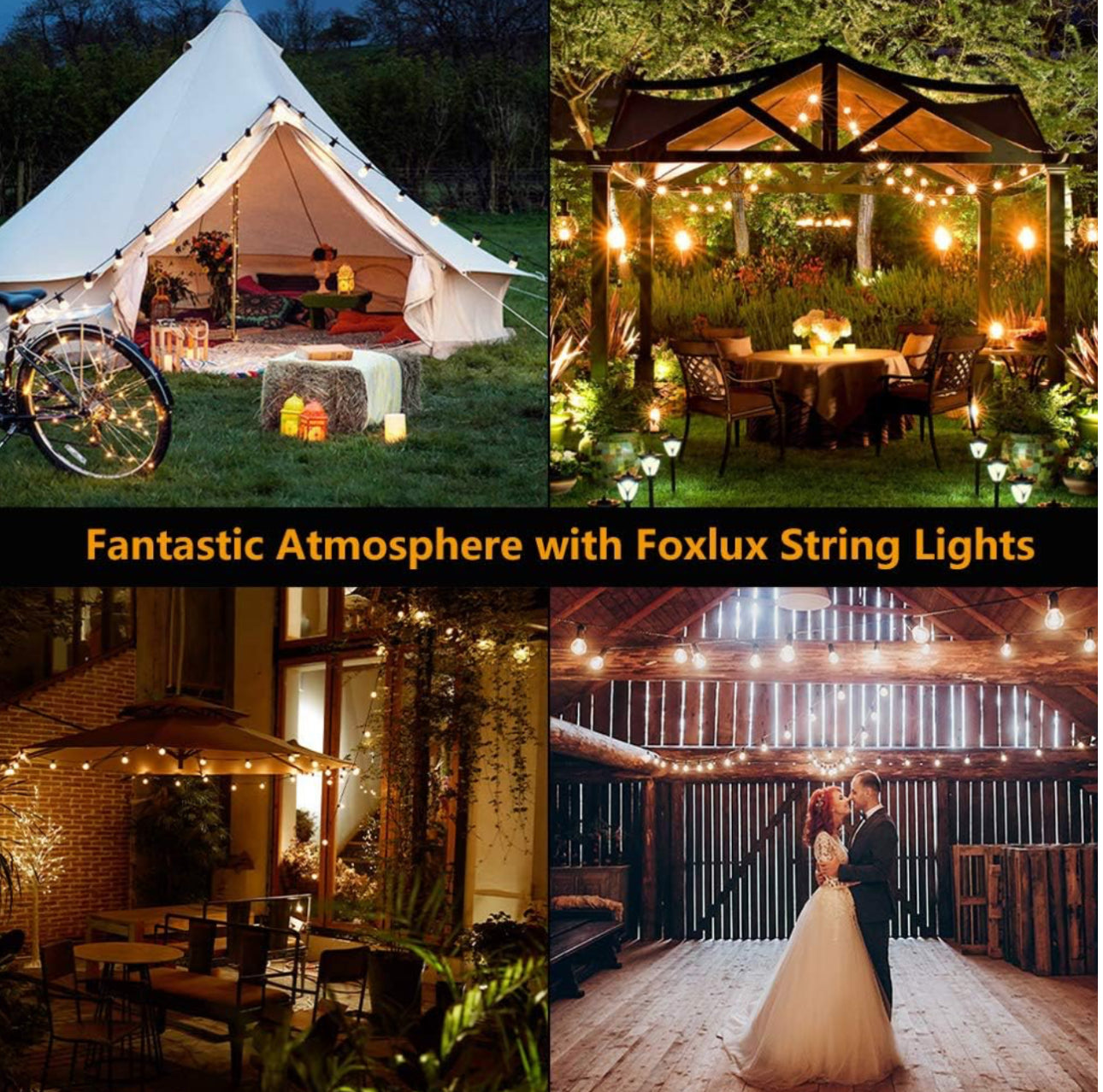 Lighteme 48 Ft Plug-In LED Outdoor String Lights Waterproof- Hanging, Dimmable 2W Vintage Edison Bulbs