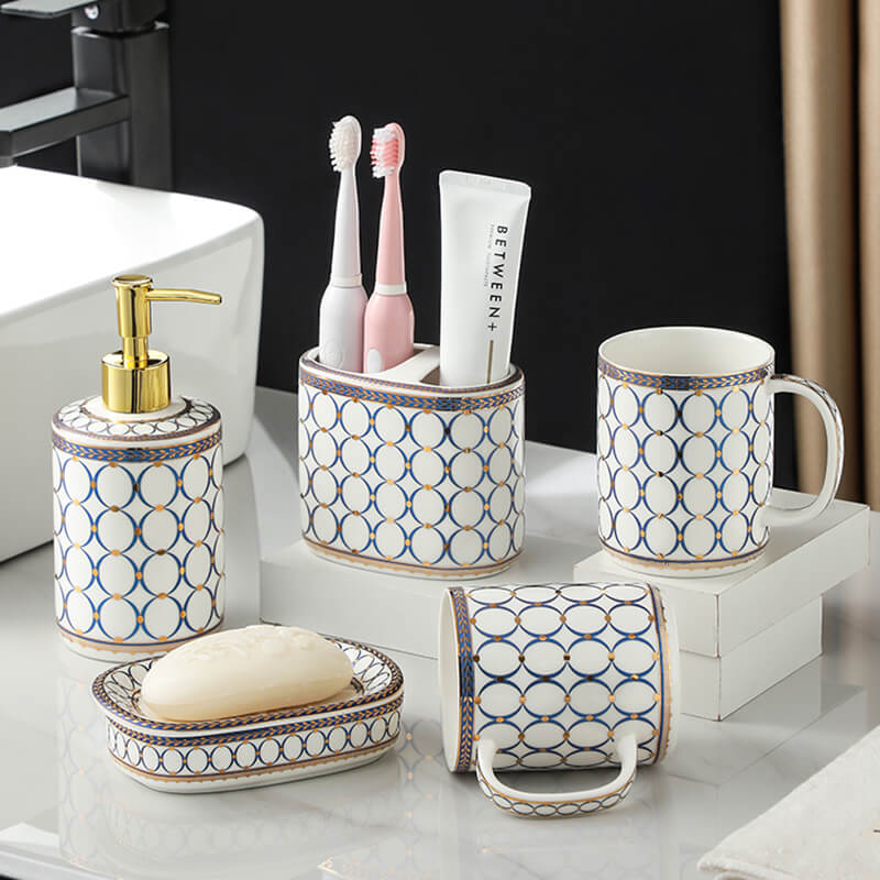 Lighteme Circle Print Gold Ceramic Bathroom Set