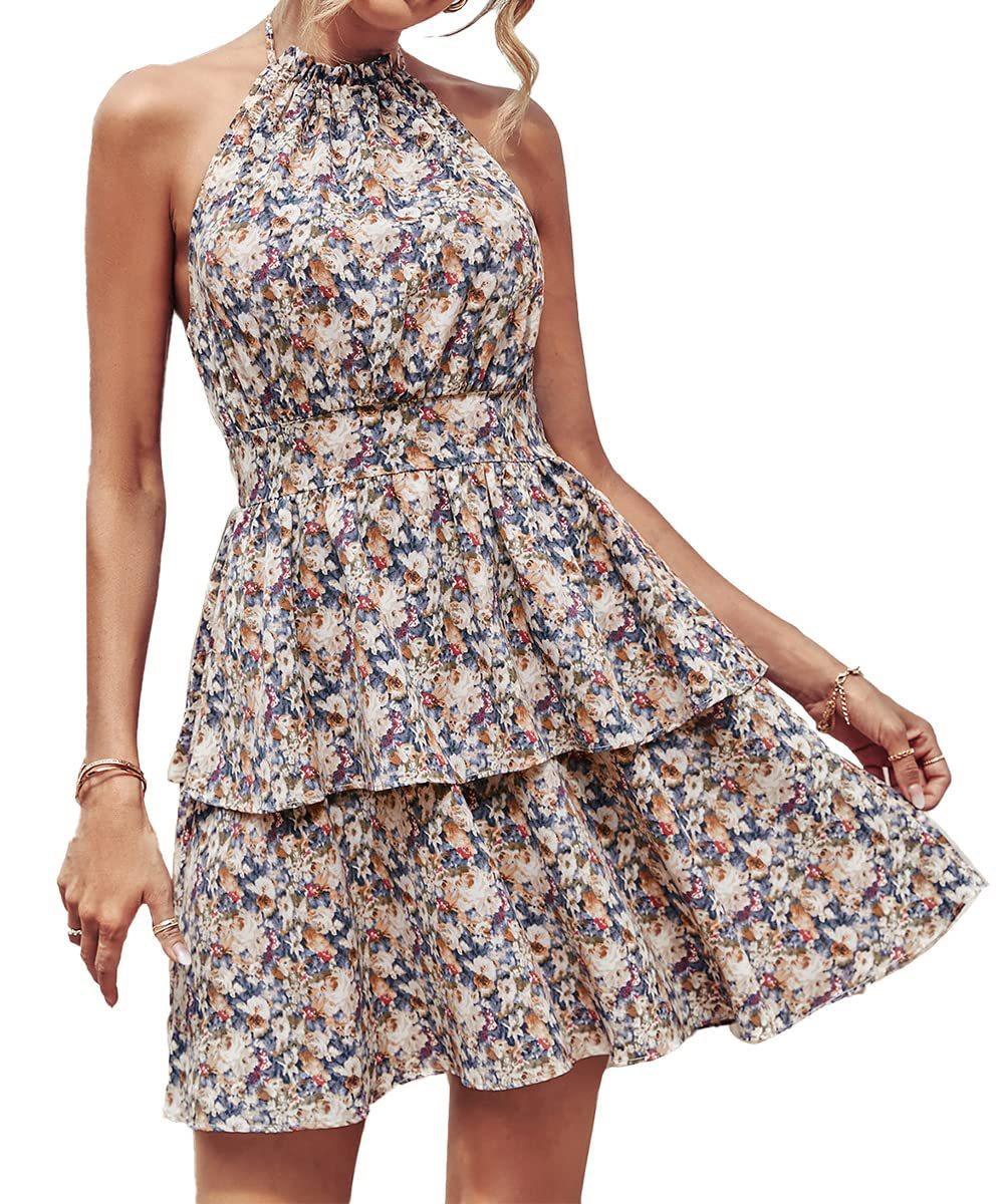 Lighteme – Sommerliches Neckholder-Kleid mit Blumenmuster, Rüschendetails und rückenfreiem Design