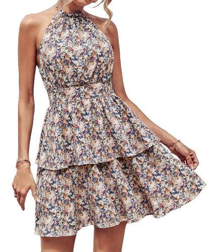 Lighteme – Sommerliches Neckholder-Kleid mit Blumenmuster, Rüschendetails und rückenfreiem Design