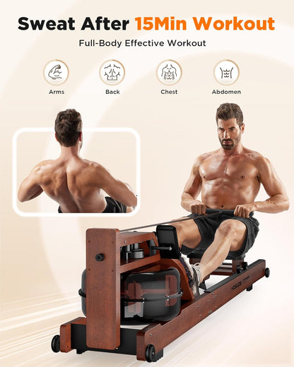 Lighteme Wasserrudergerät für das Heim-Fitnessstudio – Faltbares Rudergerät aus Holz mit Wasserwiderstand und LCD-Monitor