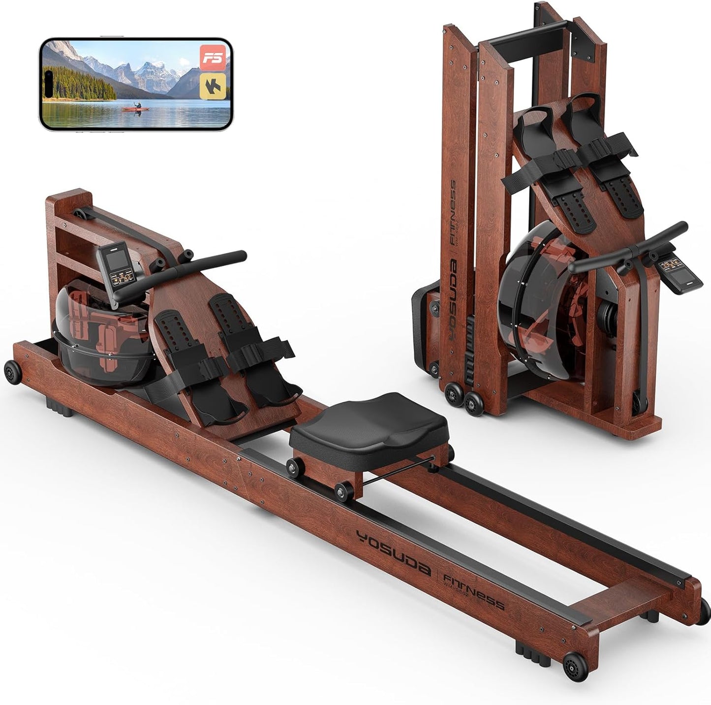 Lighteme Wasserrudergerät für das Heim-Fitnessstudio – Faltbares Rudergerät aus Holz mit Wasserwiderstand und LCD-Monitor