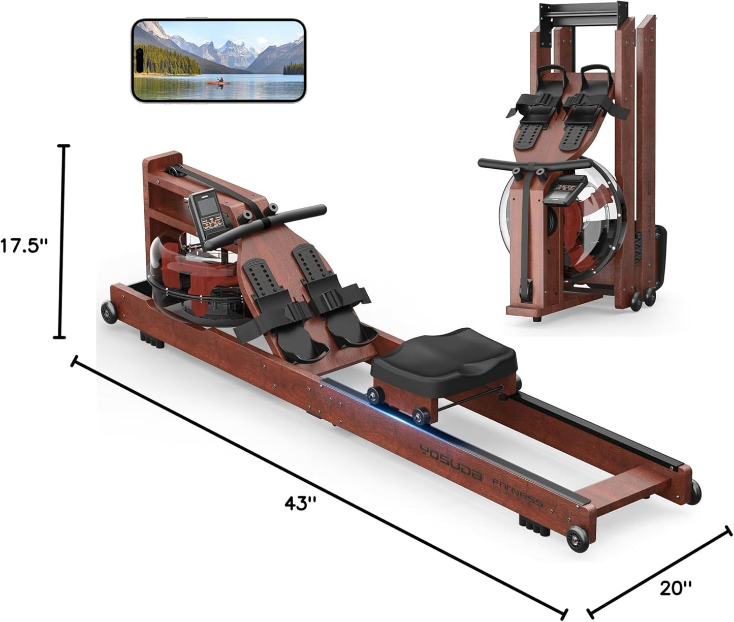 Lighteme Wasserrudergerät für das Heim-Fitnessstudio – Faltbares Rudergerät aus Holz mit Wasserwiderstand und LCD-Monitor
