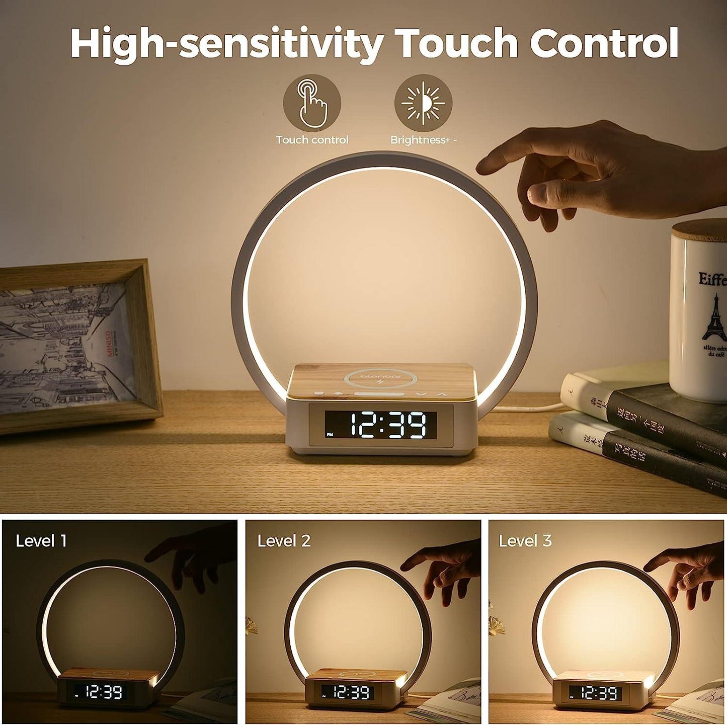 Lampe de bureau à LED avec chargeur sans fil pour téléphone portable Lighteme et réveil