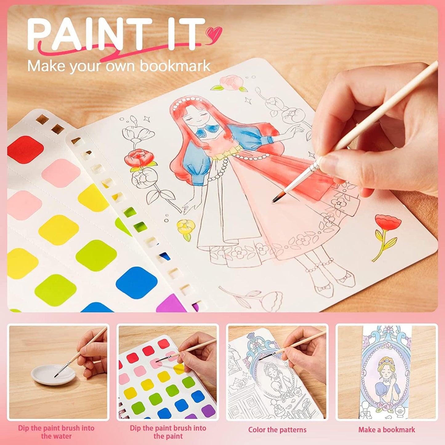 Lighteme Princess Art Adventure 3-in-1-Zeichenbuch mit Wasserfarben, Aufklebern und Stocherkarten 