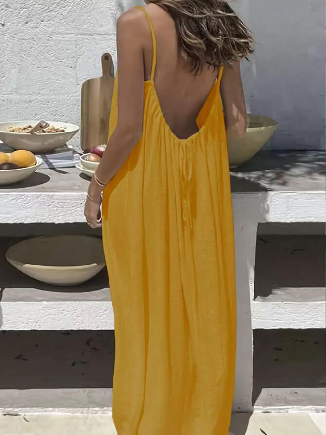 Lighteme Women's Solid Color Backless Cami Lounge Dress, Loose Fit Spaghetti Strap Dress