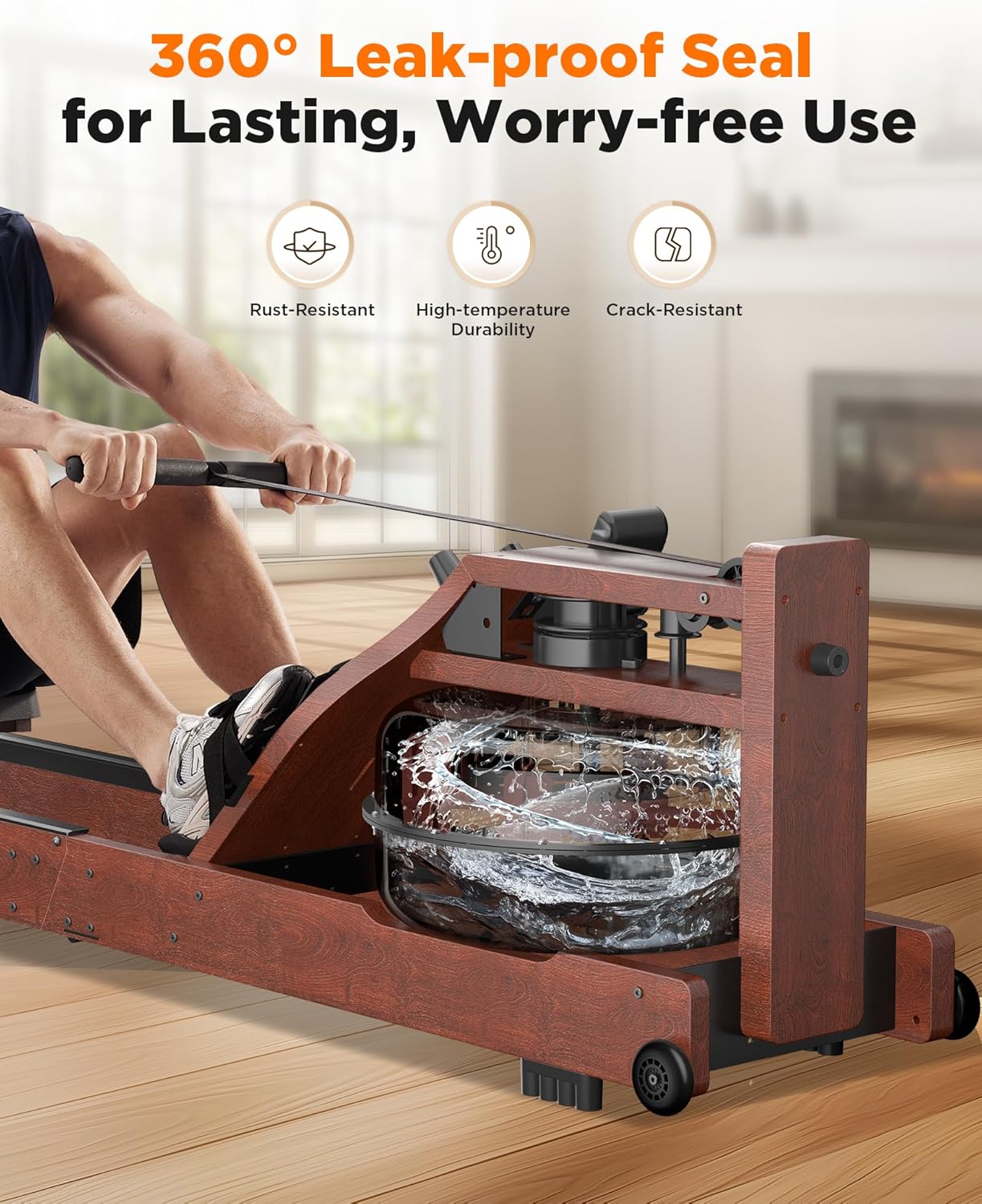 Lighteme Wasserrudergerät für das Heim-Fitnessstudio – Faltbares Rudergerät aus Holz mit Wasserwiderstand und LCD-Monitor