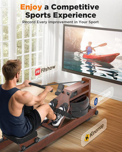 Lighteme Wasserrudergerät für das Heim-Fitnessstudio – Faltbares Rudergerät aus Holz mit Wasserwiderstand und LCD-Monitor