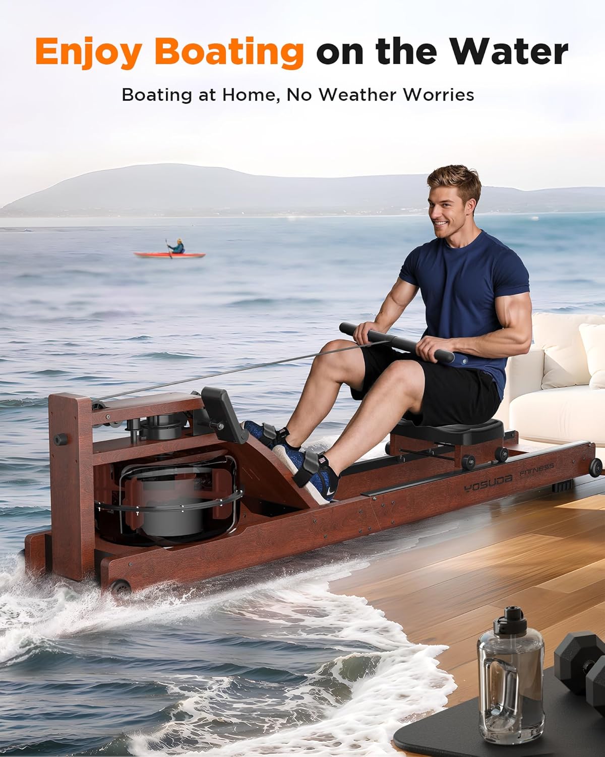 Lighteme Wasserrudergerät für das Heim-Fitnessstudio – Faltbares Rudergerät aus Holz mit Wasserwiderstand und LCD-Monitor