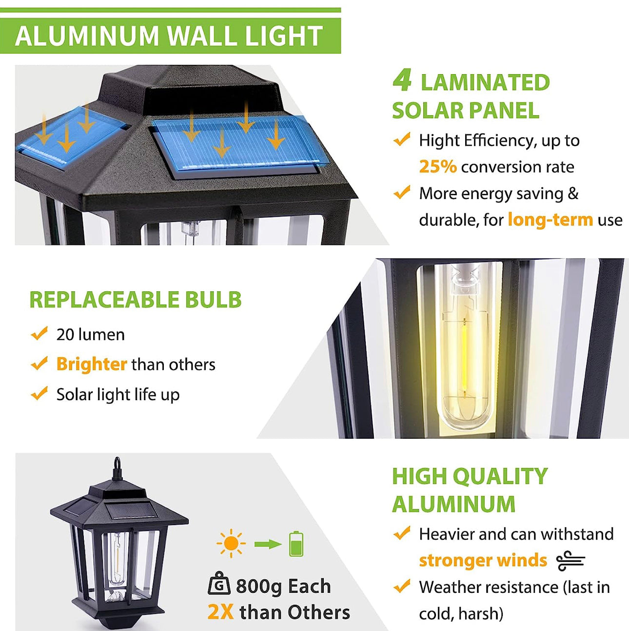 Lot de 2 lanternes murales solaires Lighteme en aluminium avec ampoule remplaçable, 4 panneaux solaires et antirouille
