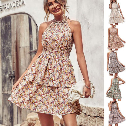 Lighteme – Sommerliches Neckholder-Kleid mit Blumenmuster, Rüschendetails und rückenfreiem Design