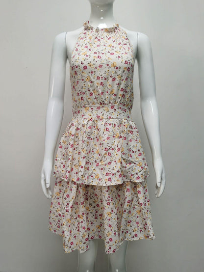Lighteme – Sommerliches Neckholder-Kleid mit Blumenmuster, Rüschendetails und rückenfreiem Design