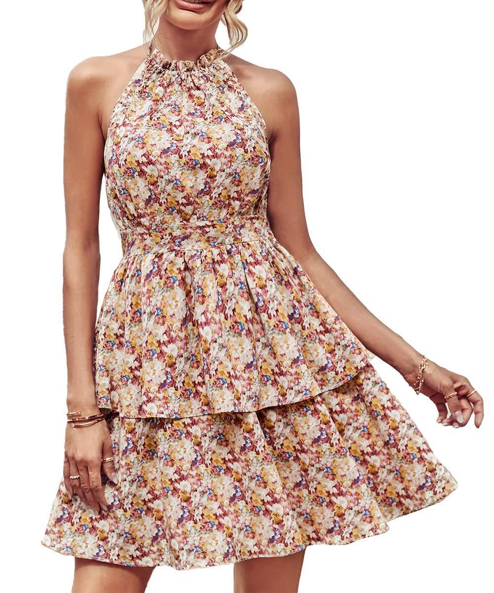 Lighteme – Sommerliches Neckholder-Kleid mit Blumenmuster, Rüschendetails und rückenfreiem Design