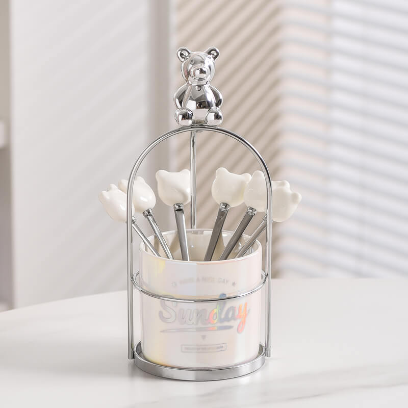 Pot de rangement en céramique pour fourchette et cuillère à dessert Lighteme Bear