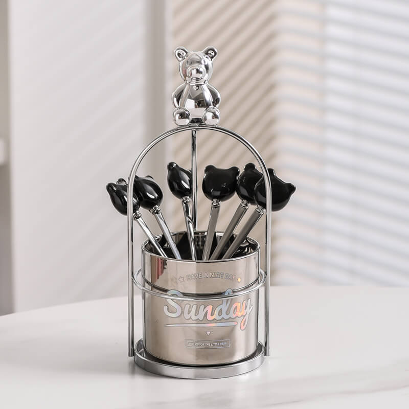 Pot de rangement en céramique pour fourchette et cuillère à dessert Lighteme Bear