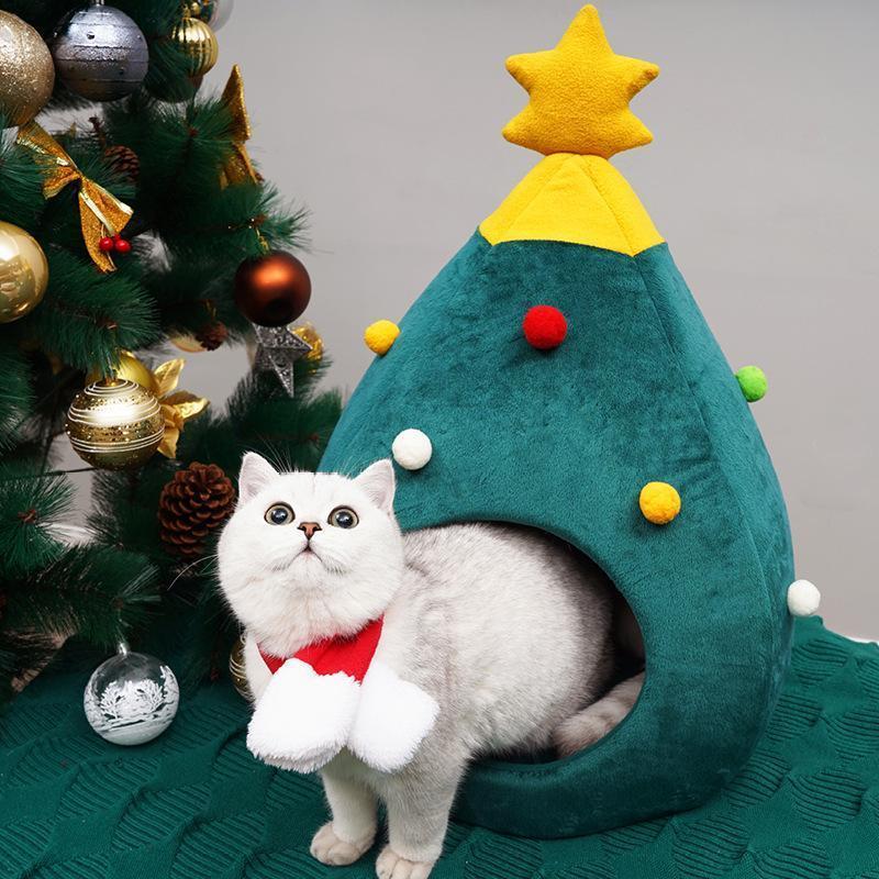 Lighteme Weihnachtsbaumförmiges, warmes Winterhöhlenbett für Katzen