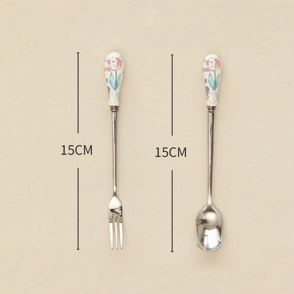 Cuillère et fourchette à dessert à manche en céramique florale Lighteme 
