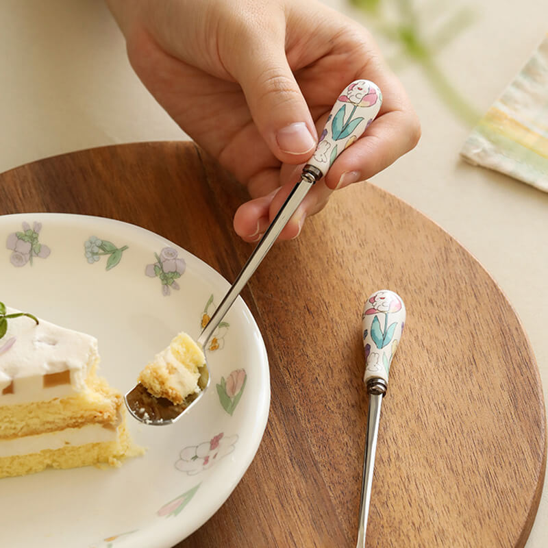Cuillère et fourchette à dessert à manche en céramique florale Lighteme 