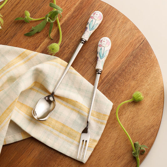 Lighteme Dessertlöffel und -gabel mit Keramikgriff und Blumenmuster 