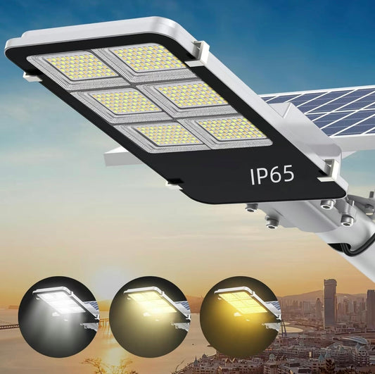 Lighteme 1800 W dreifarbige Solar-Straßenlaternen für den Außenbereich – mehrfarbige, einstellbare Beleuchtung – 7000 K LED-Straßenlaterne mit Fernbedienung – Ideal für Parkplätze, Höfe, Plätze – Solar-Parkplatzbeleuchtung