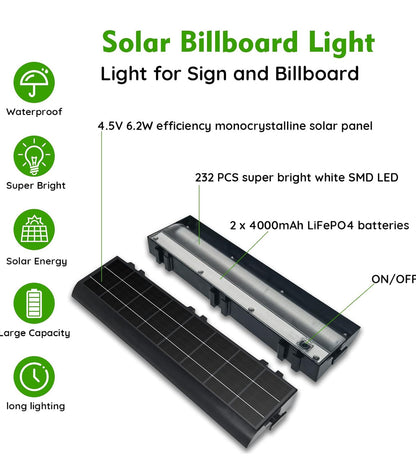 Lighteme Solar-Werbetafelbeleuchtung für den Außenbereich, 232 superhelle LEDs, verstellbare Halterung und Wandmontage, 2-in-1-Werbetafelbeleuchtung für Unternehmen, Immobilien, Geschäfte, Bushaltestellen, Wohnanlagen und Autobahnschilder