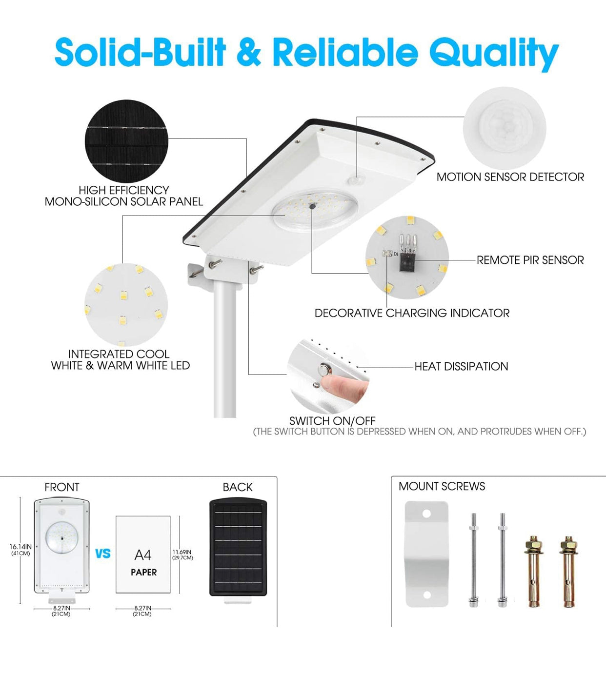 Lighteme Solar-Straßenlaternen für den Außenbereich, kaltweiß/warmweiß, Dämmerungs-/Bewegungsmelder, 1300 lm, IP65, wasserdicht, dimmbar, Fernbedienung