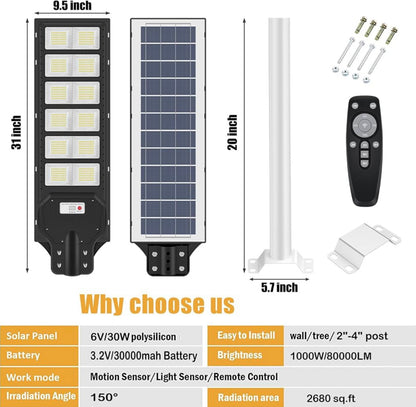 Lighteme 1000W Solar-Straßenlaterne mit Bewegungsmelder, 80000LM IP65 wasserdicht mit Fernbedienung