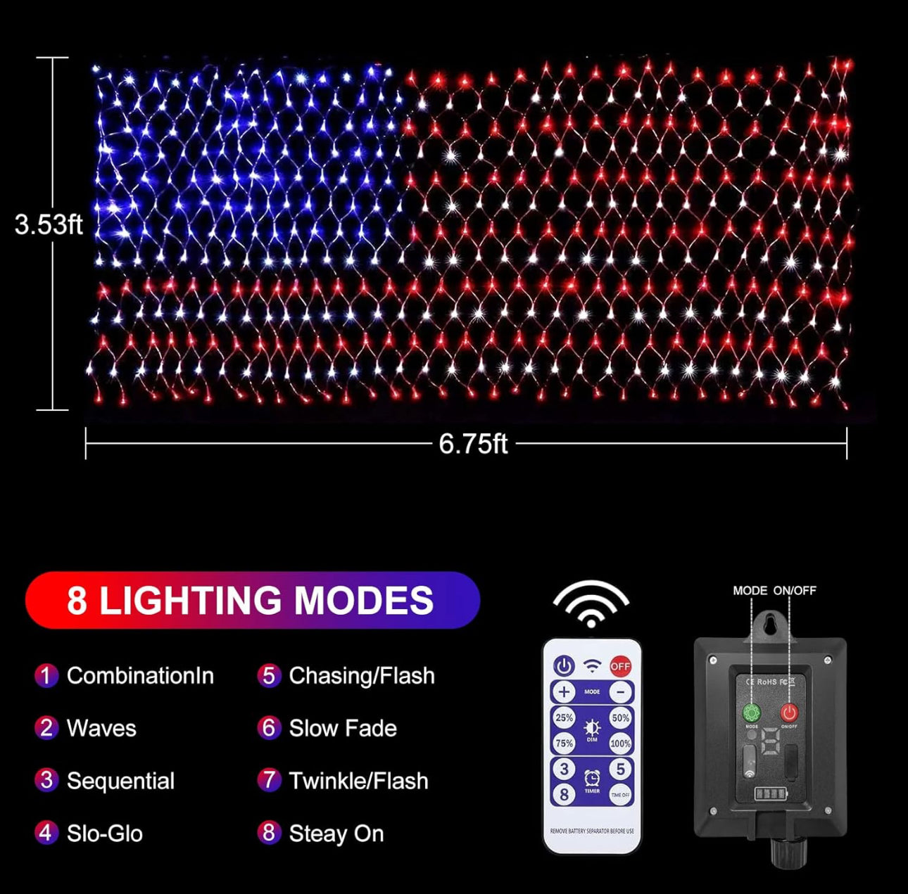 Lampe solaire 2 en 1 Lighteme avec drapeau américain, 420 LED ultra-lumineuses, alimentée par l'énergie solaire et branchée