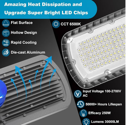 Lighteme 250 W LED-Parkplatzbeleuchtung mit fester Verdrahtung, 30.000 lm: Straßenbeleuchtung für den Außenbereich von der Dämmerung bis zum Morgengrauen, Sicherheitslicht für gewerbliche Bereiche mit IP65-Wasserdichtigkeit 6500 K
