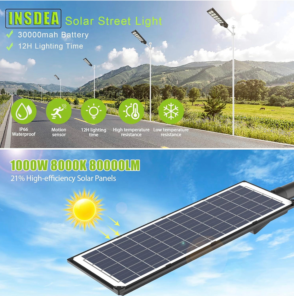 Lighteme 1000W Solar-Straßenlaterne mit Bewegungsmelder, 80000LM IP65 wasserdicht mit Fernbedienung