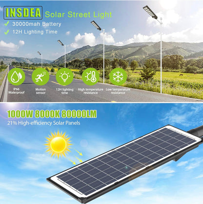 Lighteme 1000W Solar-Straßenlaterne mit Bewegungsmelder, 80000LM IP65 wasserdicht mit Fernbedienung