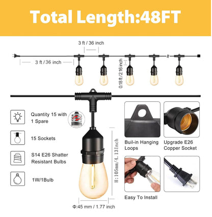 Lighteme 48 Fuß lange, steckbare LED-Lichterkette für den Außenbereich, wasserdicht, zum Aufhängen, dimmbare 2-W-Vintage-Edison-Glühbirnen 
