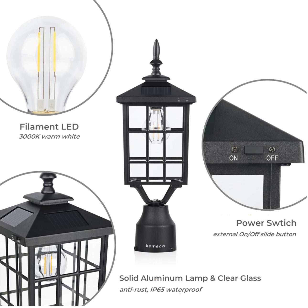 Lighteme LED-Solar-Pfostenleuchte aus Aluminiumguss mit 3-Zoll-Montagesockel für die Befestigung von Gartenpfosten im Freien 