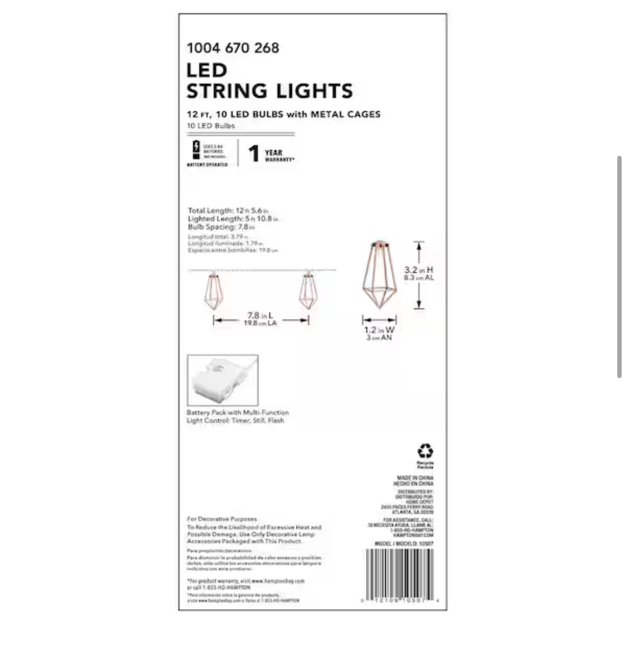 Lighteme 12Ft Batteriebetriebene Metall Indoor Integrierte LED Lichterkette 10-Licht