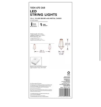 Lighteme 12Ft Batteriebetriebene Metall Indoor Integrierte LED Lichterkette 10-Licht