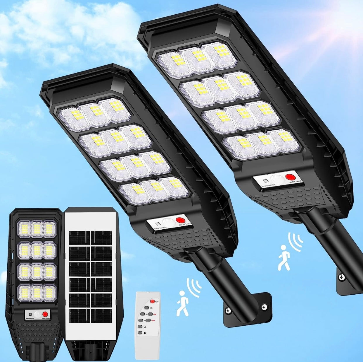 Lighteme 2er-Pack Solar-Straßenlaternen für den Außenbereich, wasserdicht, 6000 lm, Dämmerung bis Morgengrauen, 6500 K, Bewegungssensor mit Fernbedienung