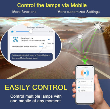 Lighteme 2000 W Solar-Straßenlaterne für den Außenbereich, 250.000 lm, 6500 K, mit mobiler App-Fernbedienung, Dämmerungs- bis Morgengrauen-LED-Bewegungssensor