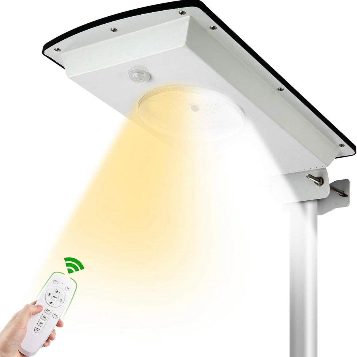 Lighteme Solar-Straßenlaternen für den Außenbereich, kaltweiß/warmweiß, Dämmerungs-/Bewegungsmelder, 1300 lm, IP65, wasserdicht, dimmbar, Fernbedienung