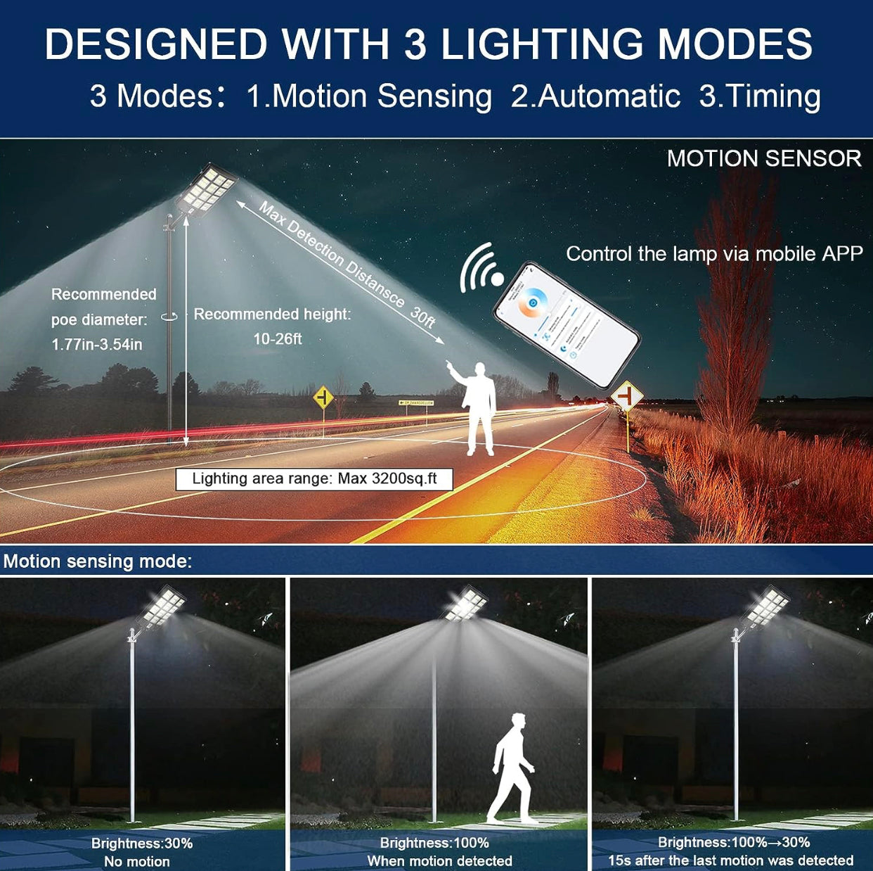 Lighteme 2000 W Solar-Straßenlaterne für den Außenbereich, 250.000 lm, 6500 K, mit mobiler App-Fernbedienung, Dämmerungs- bis Morgengrauen-LED-Bewegungssensor