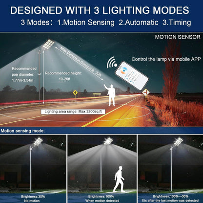 Lighteme 2000 W Solar-Straßenlaterne für den Außenbereich, 250.000 lm, 6500 K, mit mobiler App-Fernbedienung, Dämmerungs- bis Morgengrauen-LED-Bewegungssensor