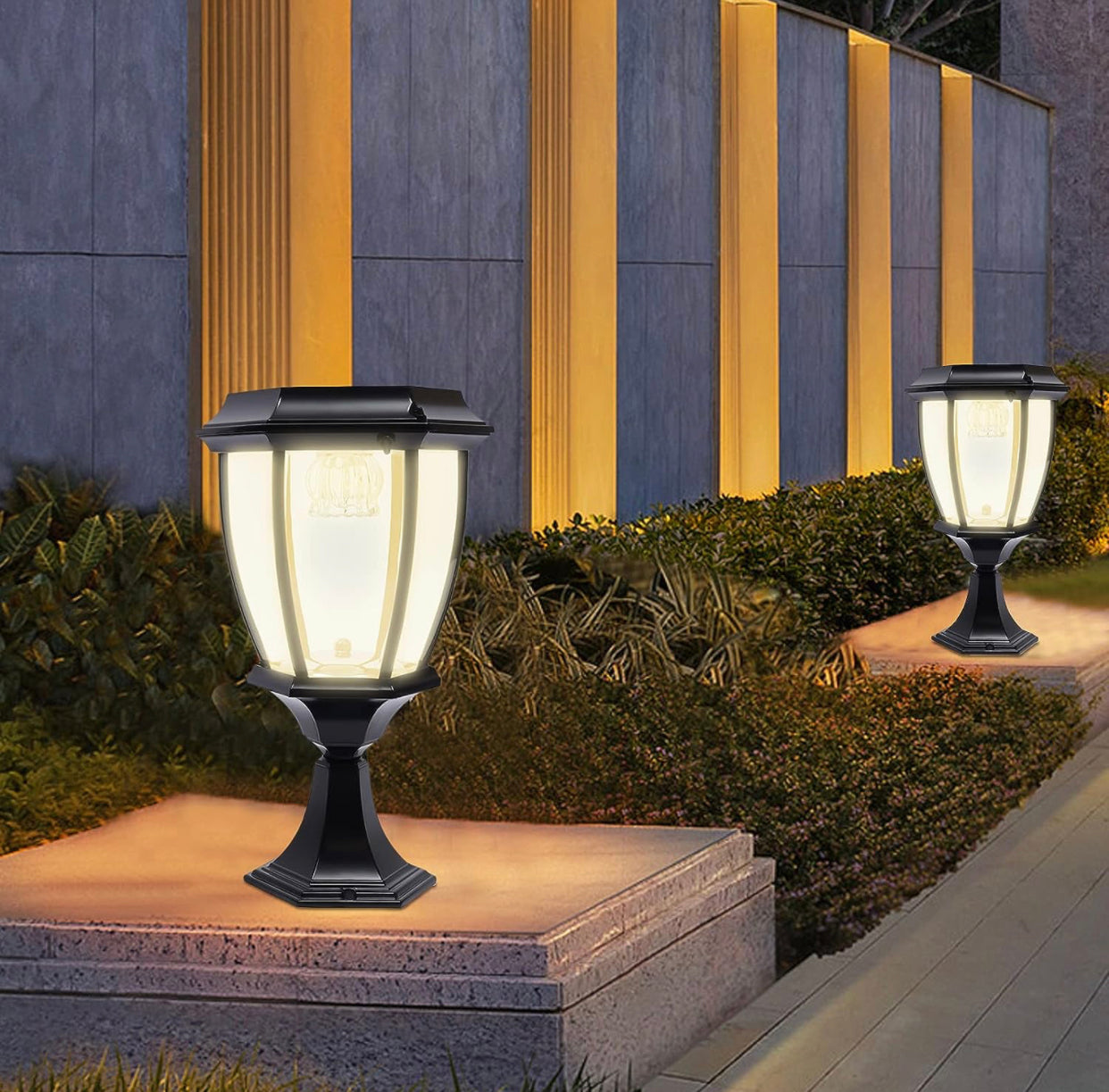 Lighteme 63" Solar-Laternenpfostenleuchten, Aluminium-Stehlampe für den Außenbereich, wasserdichte solarbetriebene Straßenlaternen für Garten, Gehweg, Auffahrt, Vorder-/Hintertür, warmweiße Solar-Pfostenleuchte, austauschbare Glühbirne (2er-Pack)