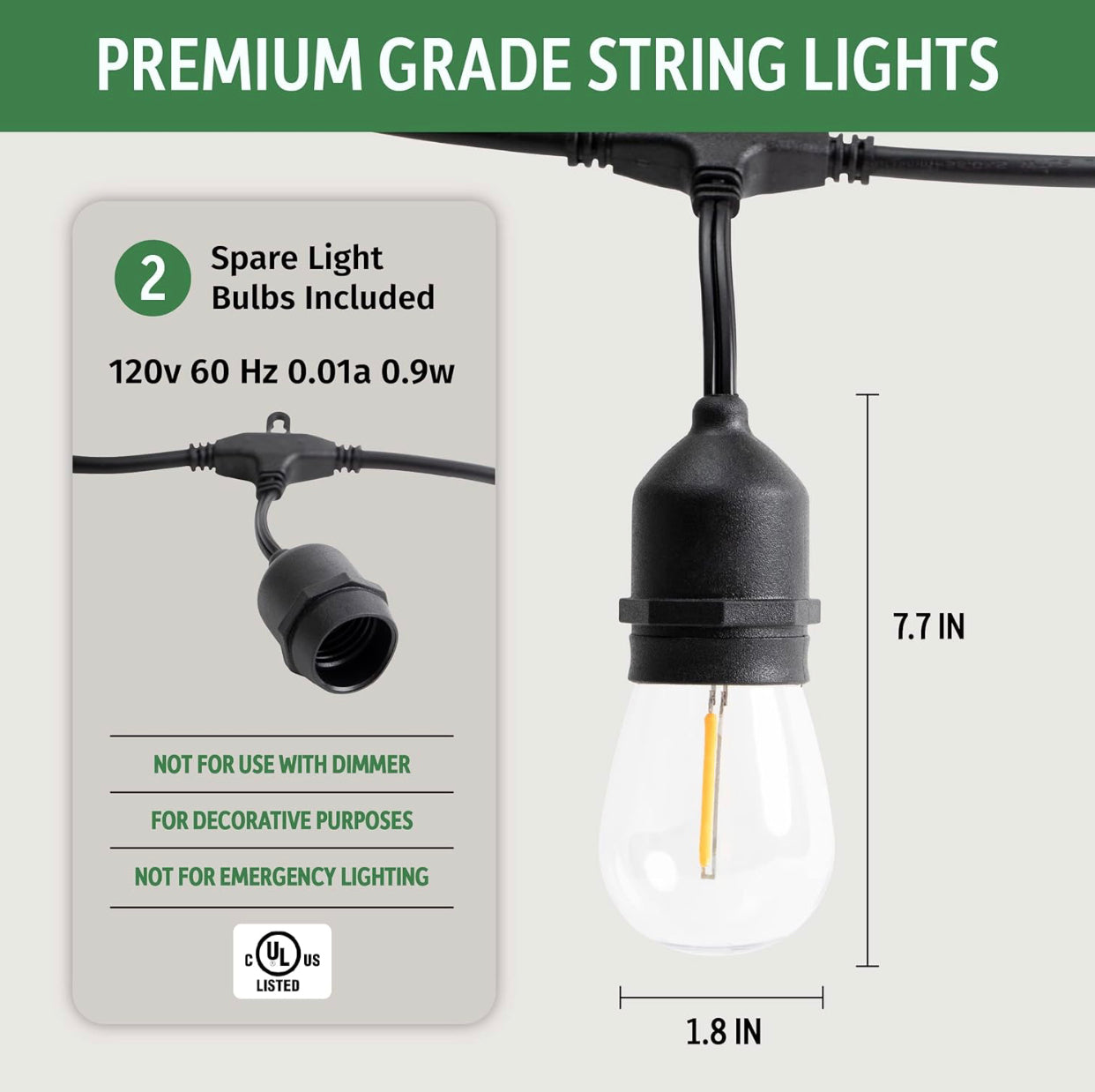 Lighteme 48 Fuß lange LED-Lichterkette für den Außenbereich zum Einstecken – 24 bruchsichere und wasserdichte Glühbirnen – Handelsqualität – UL-gelistetes Hochleistungskabel 