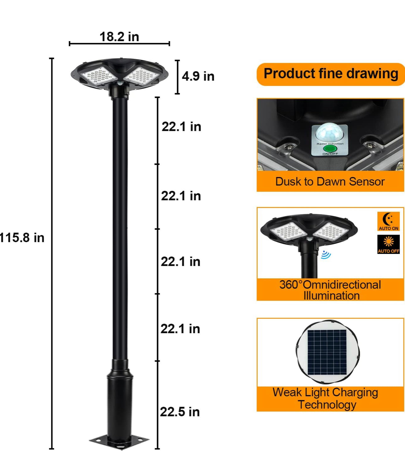 Lampadaire solaire d'extérieur Lighteme 1 500 W avec mât de 248 cm, étanche IP67, avec télécommande
