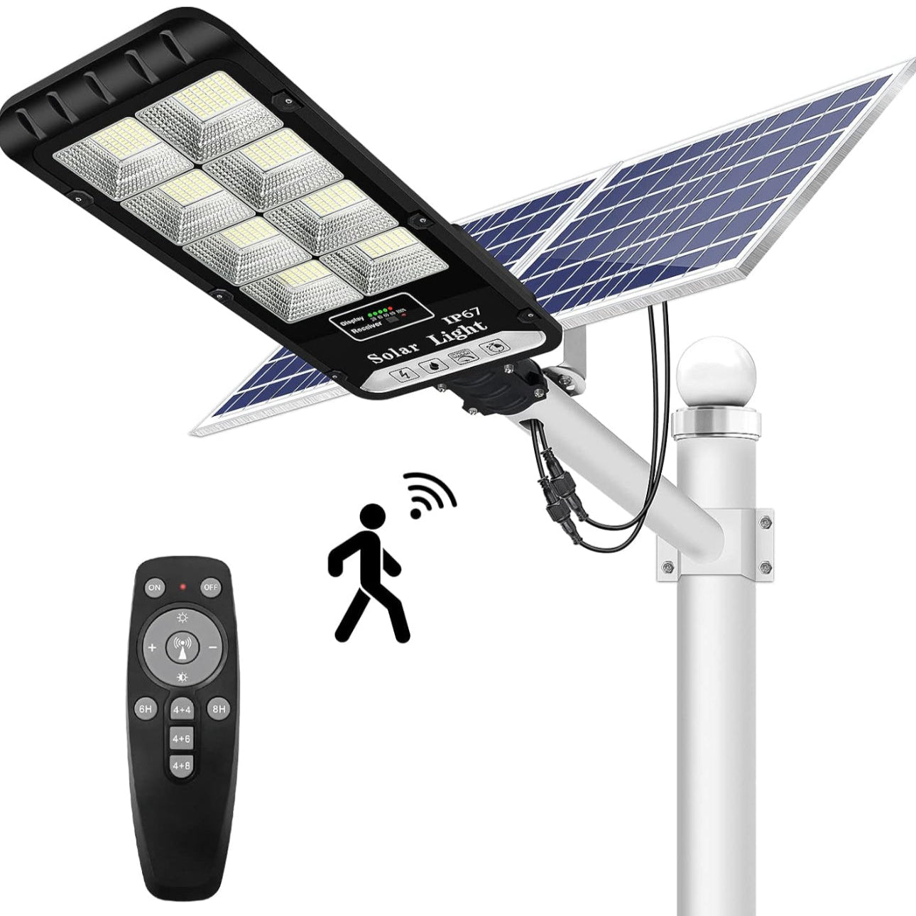 Lighteme 1200 W Solar-Außenleuchten mit Bewegungsmelder, Dämmerung bis Morgengrauen, gewerbliche Großflächenbeleuchtung, Sicherheitsflutlicht, wasserdicht, mit Fernbedienung für Hinterhof, Stadion, Garage, Parkplatz