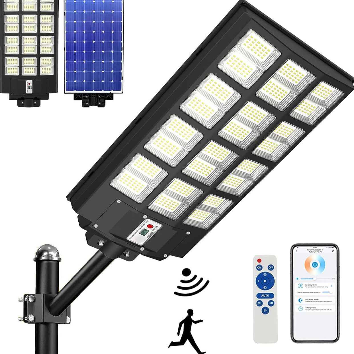 Lighteme 2000 W Solar-Straßenlaterne für den Außenbereich, 250.000 lm, 6500 K, mit mobiler App-Fernbedienung, Dämmerungs- bis Morgengrauen-LED-Bewegungssensor