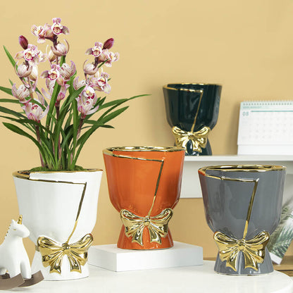 Lighteme Keramikvase mit Goldrand und Schleife