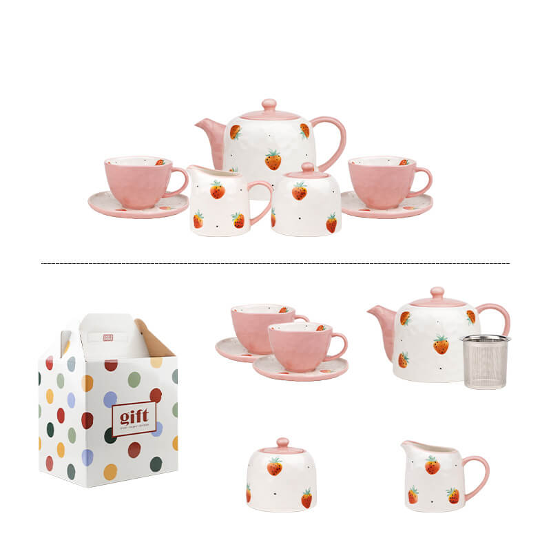 Lighteme Teekannen-Set aus Keramik, handbemalt, Erdbeere