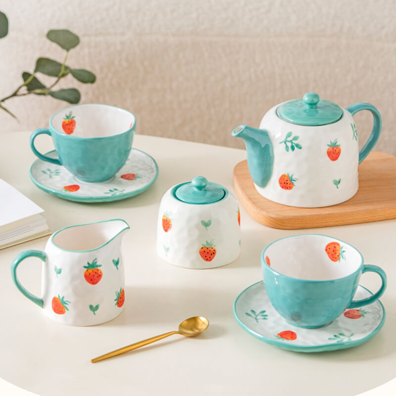 Lighteme Teekannen-Set aus Keramik, handbemalt, Erdbeere